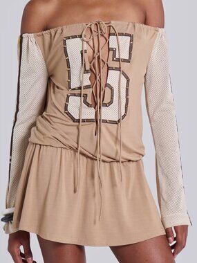 Jaded London Lace Up Varsity Mini Dress Off Shoulder Y2K Sporty Jersey Dress